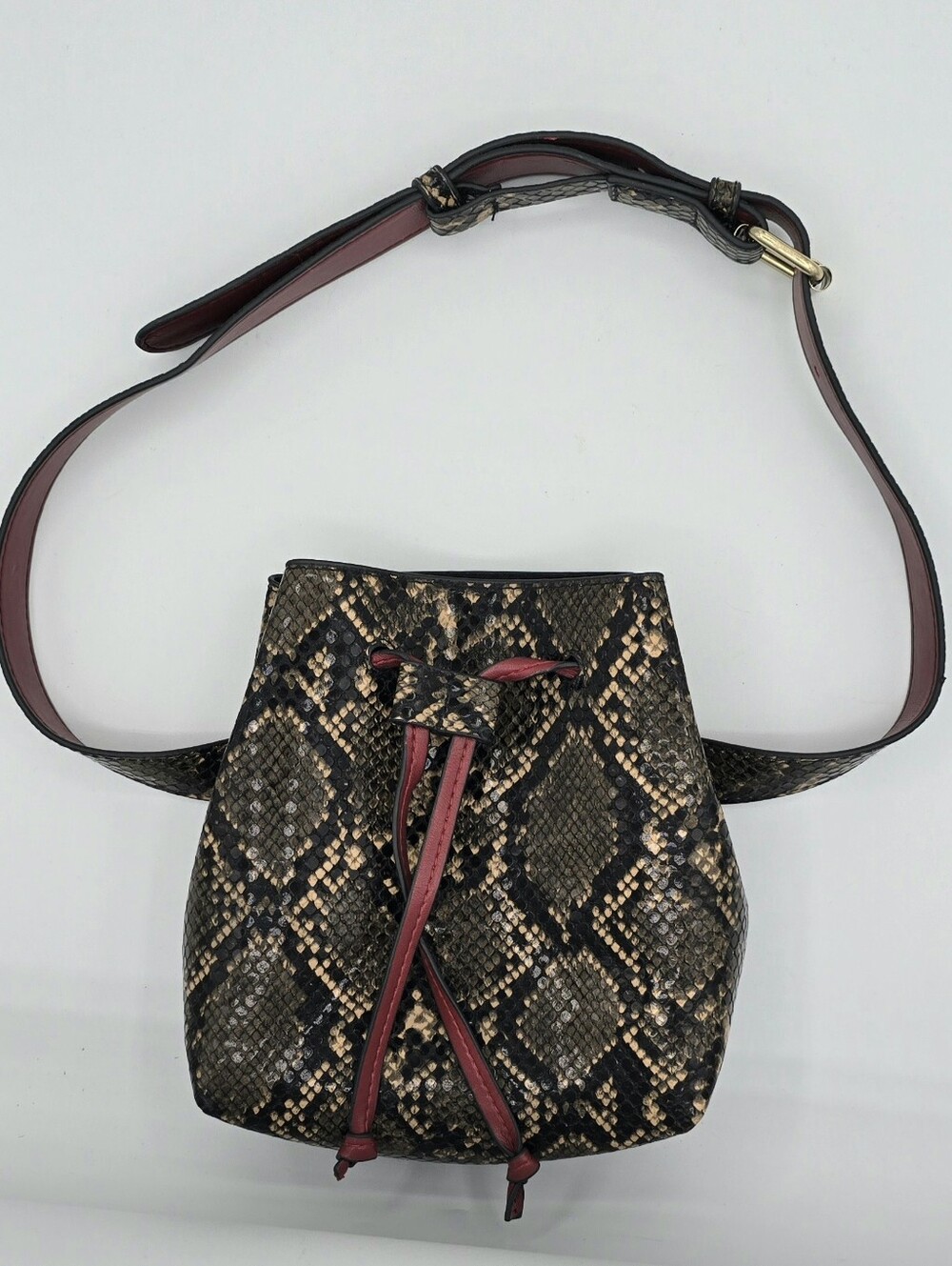 Who What Wear - Faux-Python Drawstring Mini Pouch Bag With Detachable Belt